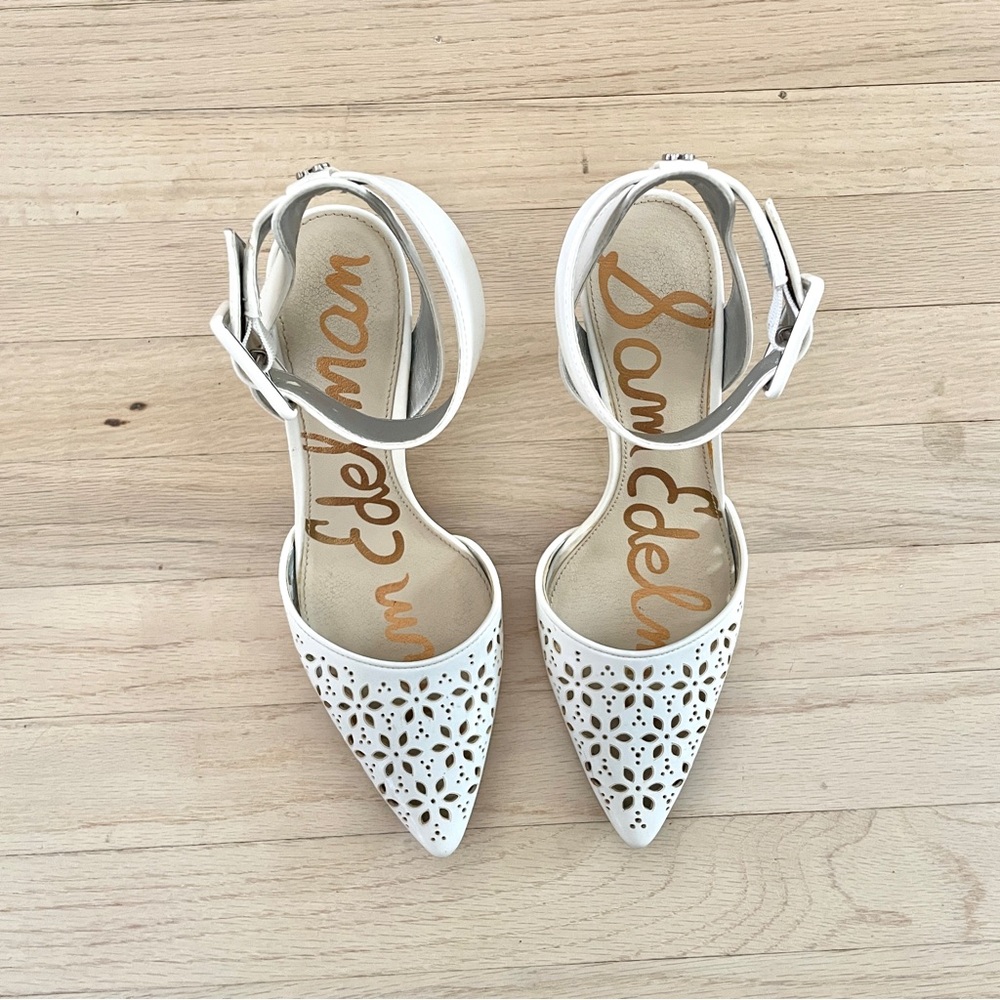 Sam Edelman White Floral Cutout Ankle Strap Odynna Pumps - Picture 1 of 5